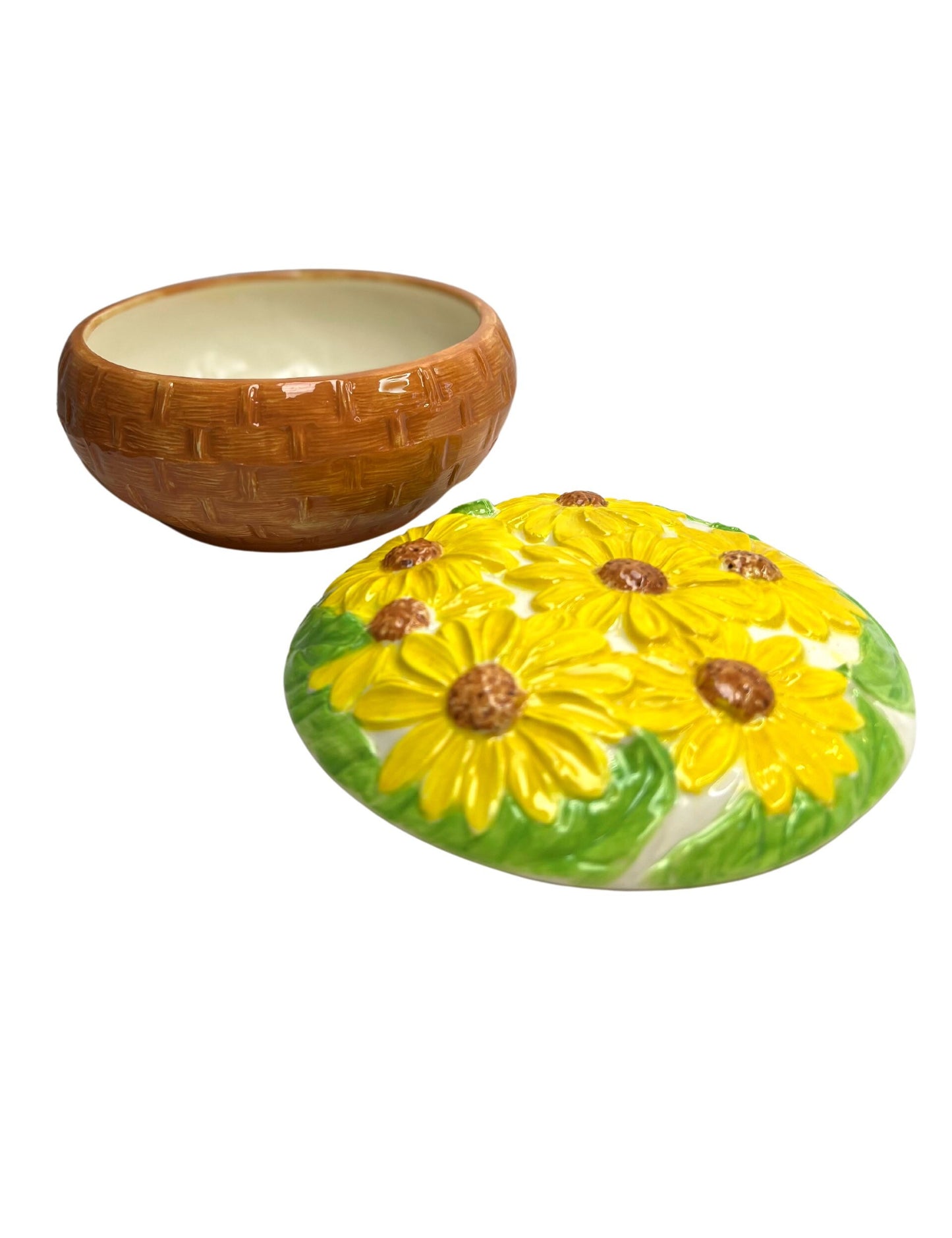 80’s Yellow Daisy Basket Ceramic Catchall Jewelry Dish with Lid