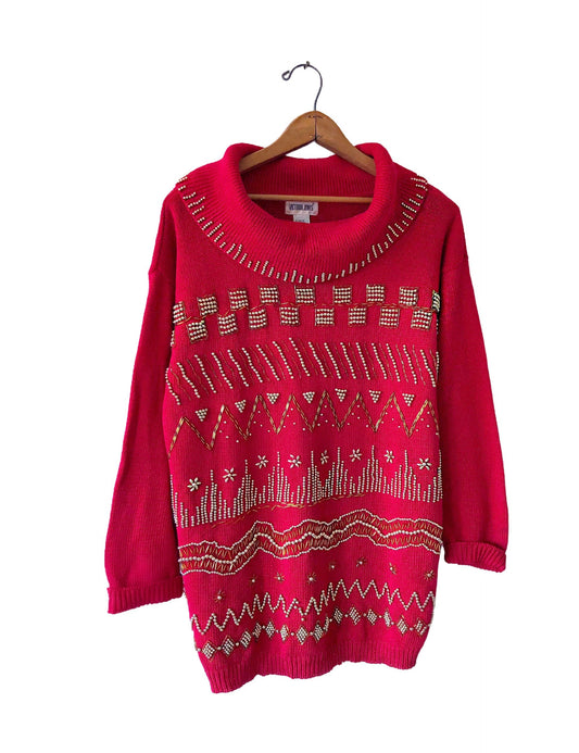 80s Gold Beaded Red Victoria Jones Chunky Knit Turtleneck Size Large