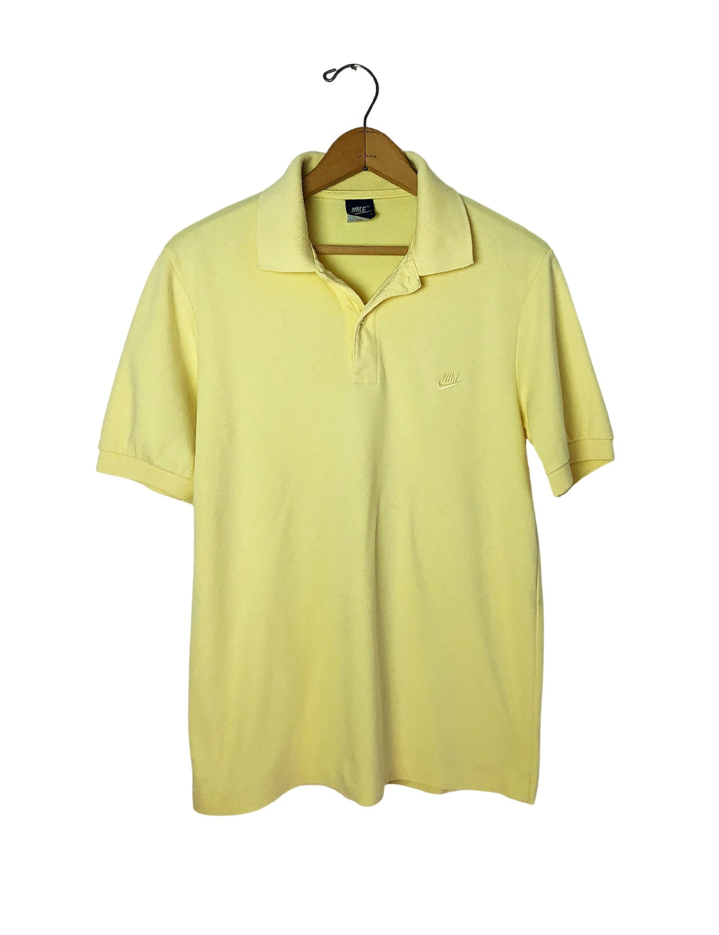 Vintage 80’s NIKE Swoosh Logo Blue Label Butter Yellow Cotton Henley Polo Size Small