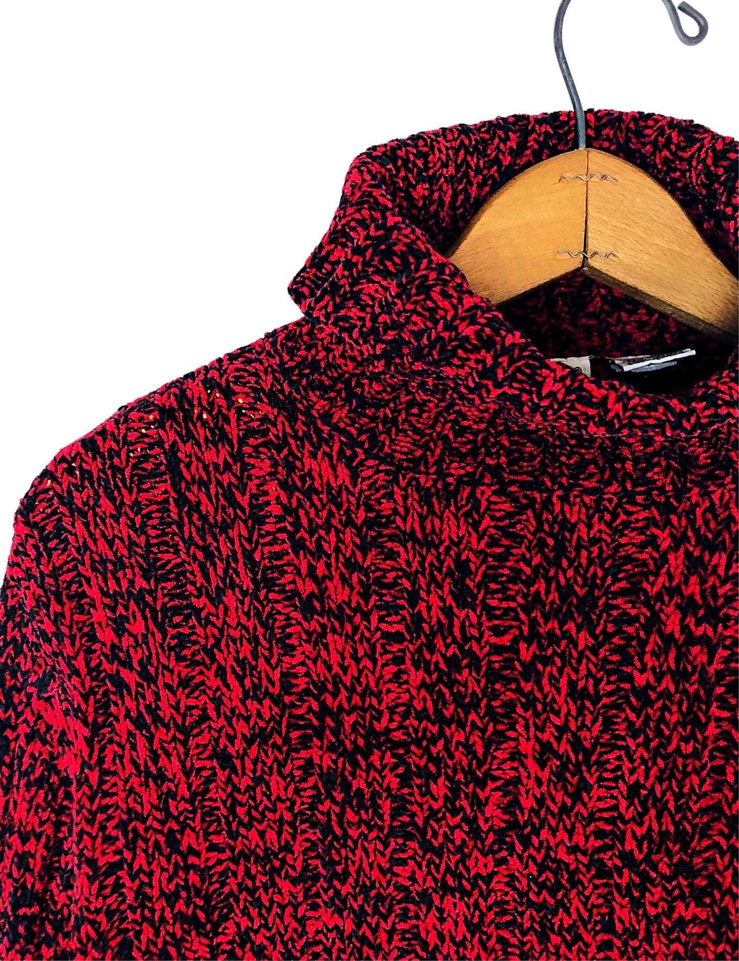 90’s Super Soft Red & Black Marled Chunky Knit Thick Turtleneck Sweater Size Medium