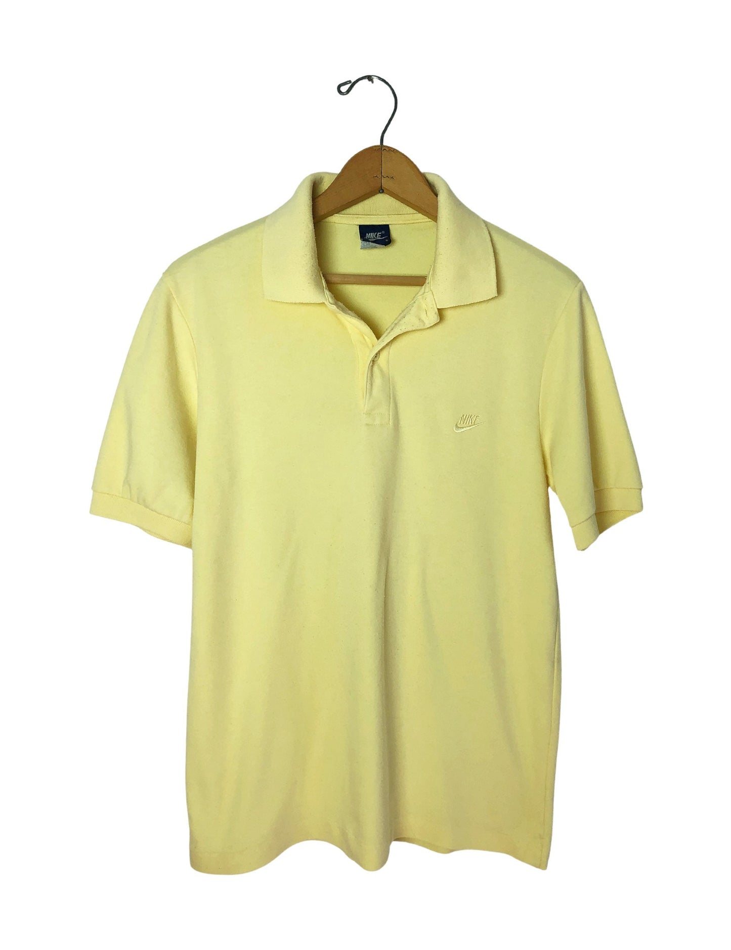 Vintage 80’s NIKE Swoosh Logo Blue Label Butter Yellow Cotton Henley Polo Size Small