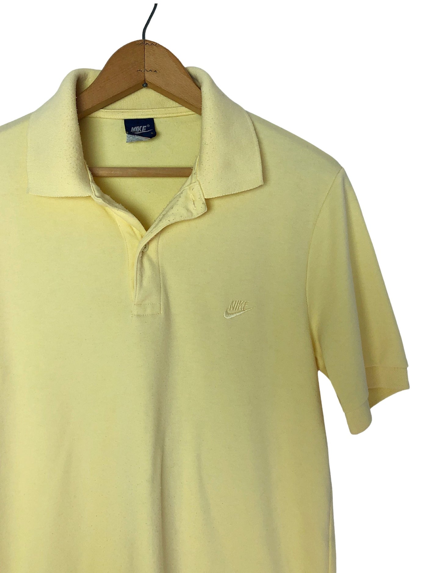 Vintage 80’s NIKE Swoosh Logo Blue Label Butter Yellow Cotton Henley Polo Size Small