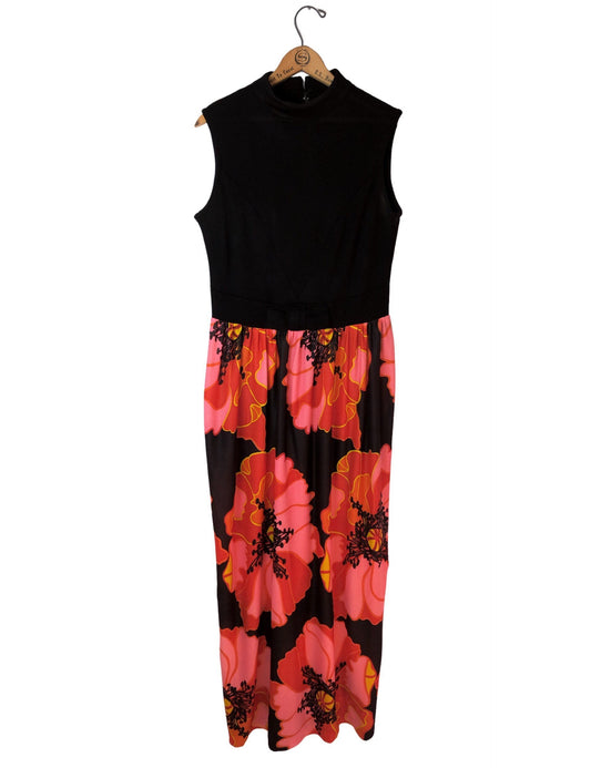Vintage 60’s Pink Poppy Floral Mock Neck Hippie Sleeveless Maxi Dress Gown Size Medium