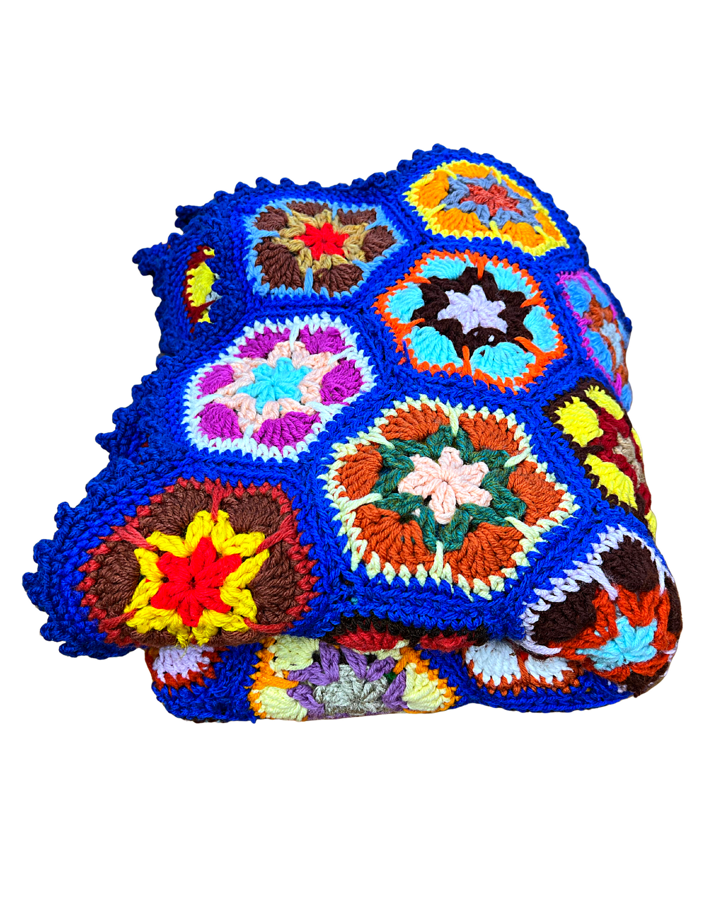 70’s Retro Rainbow Flower Granny Square Crocheted 62 x 52 Afghan Throw Blanket