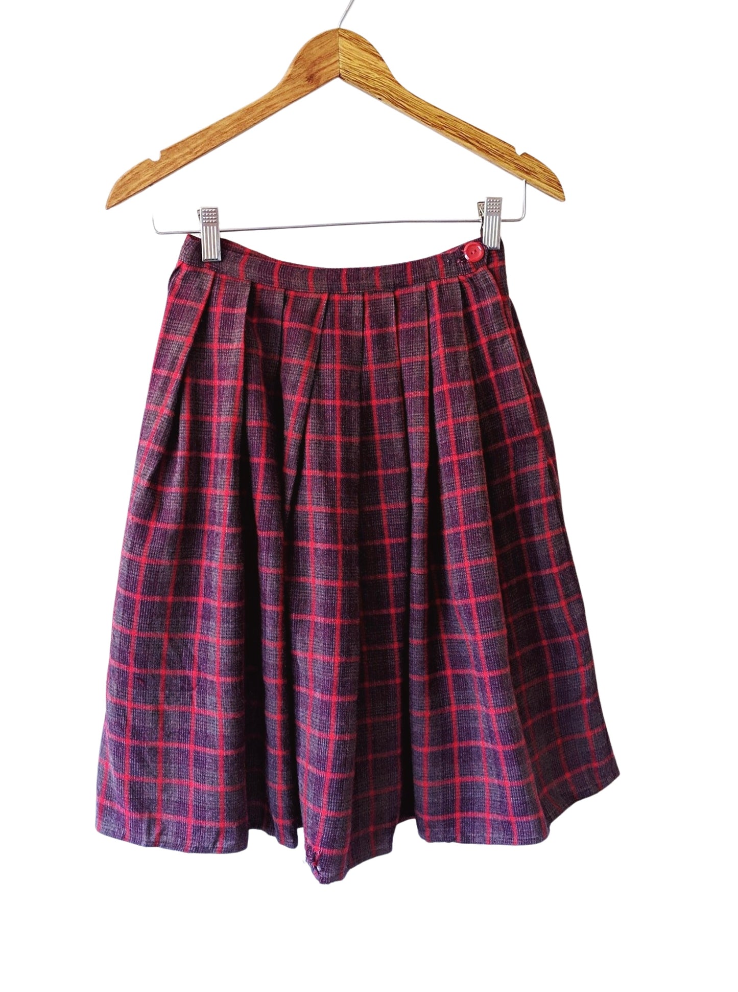 50's Red PLAID Tartan Knee Length School-Girl WOOL Skirt Sz 24