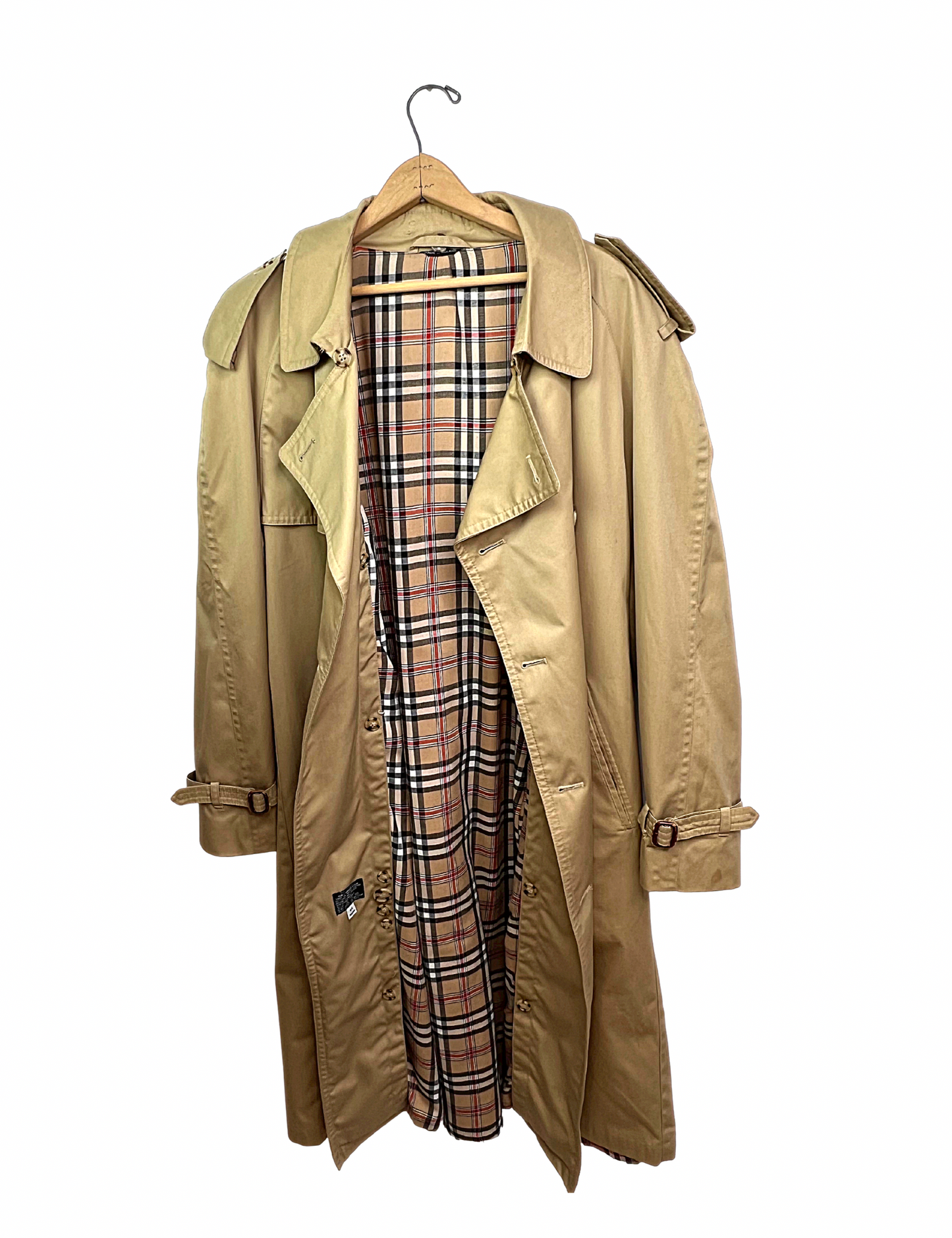 60’s Burberry Inspired Plaid Lined Belted Khaki Trench Coat Size 44