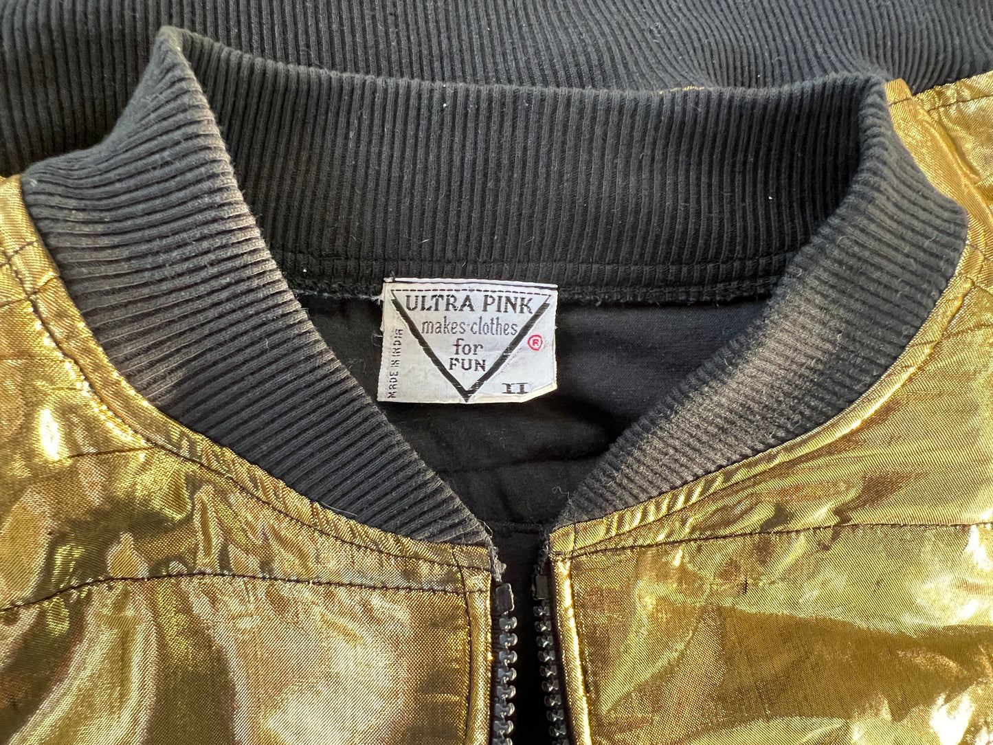 Vintage 80’s Question Mark ? Quilted Gold Cropped Bomber Jacket