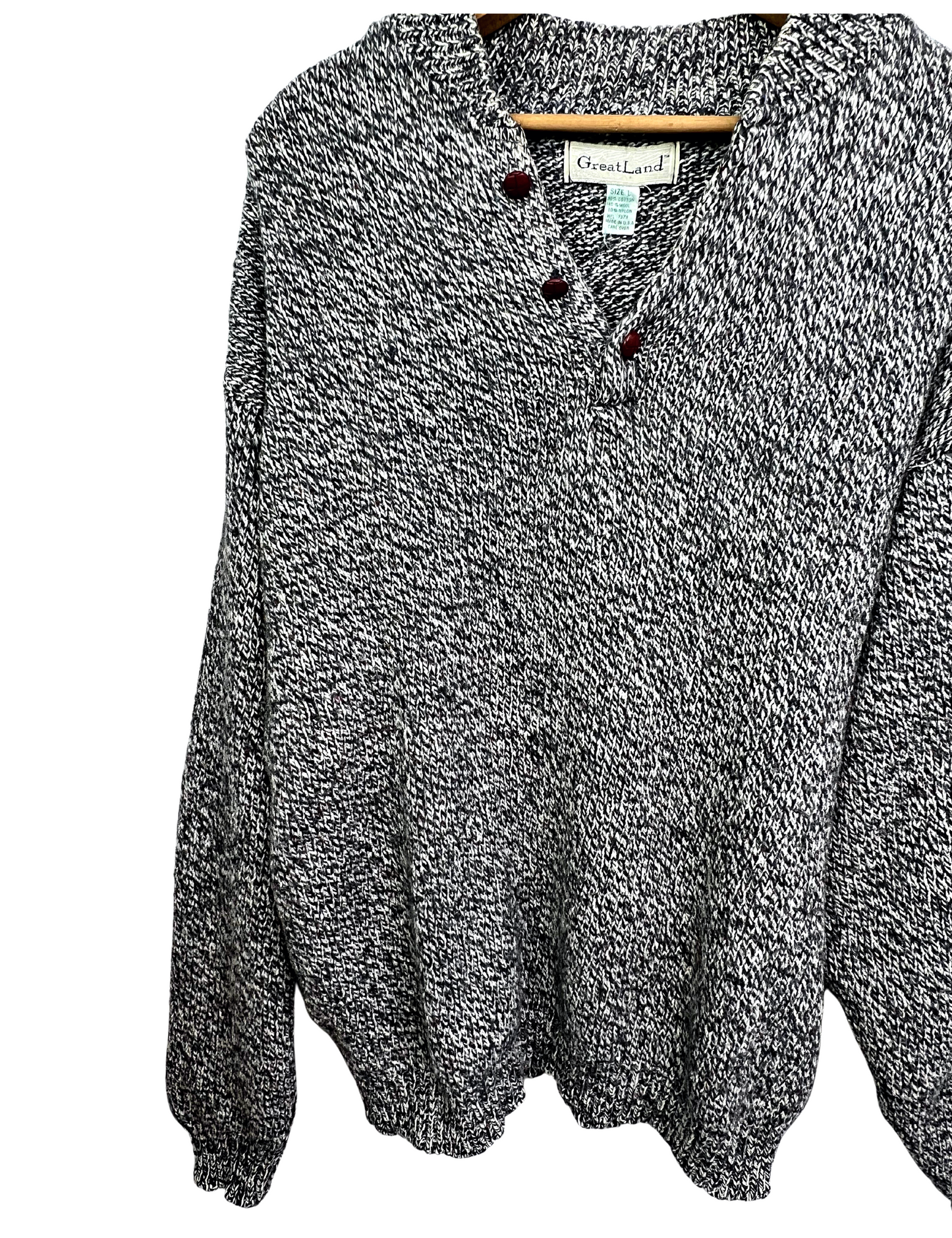 90’s Black & White Wool Marled Chunky Henley Sweater Size M/L