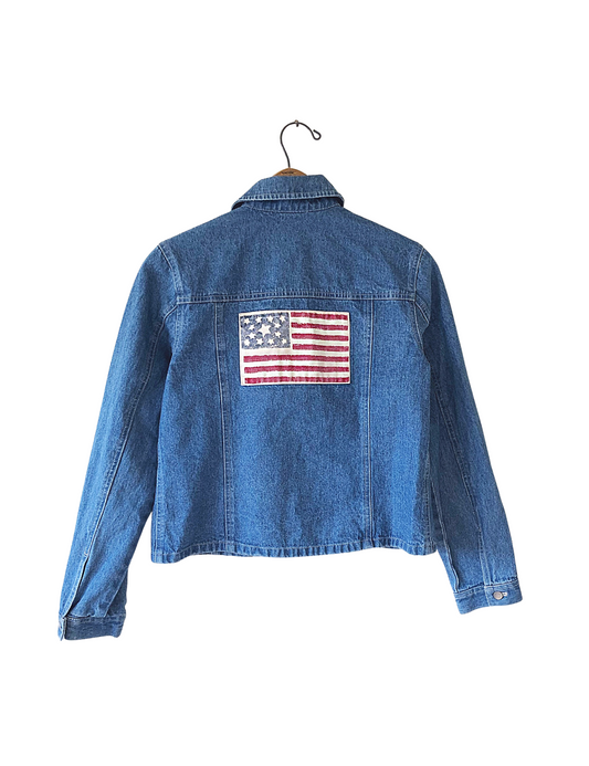 90's AMERICAN FLAG Back Patch Cropped Denim Jean Jacket Size Small