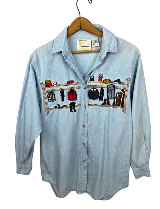 90’s Ninon de Lendos Embroidered Fashion Wardrobe Closet Chambray Button Down