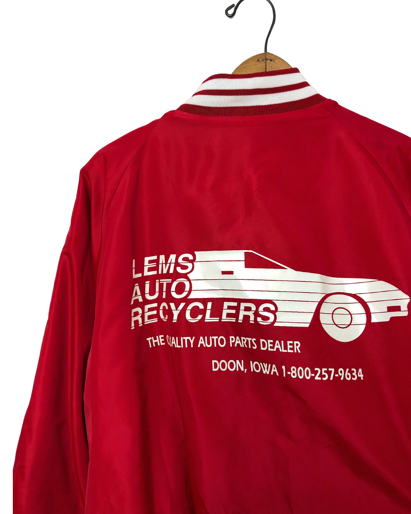 Vintage 80’s Lem’s Auto Car Recyclers Doon, Iowa Satin Dunbrooke Bomber Jacket