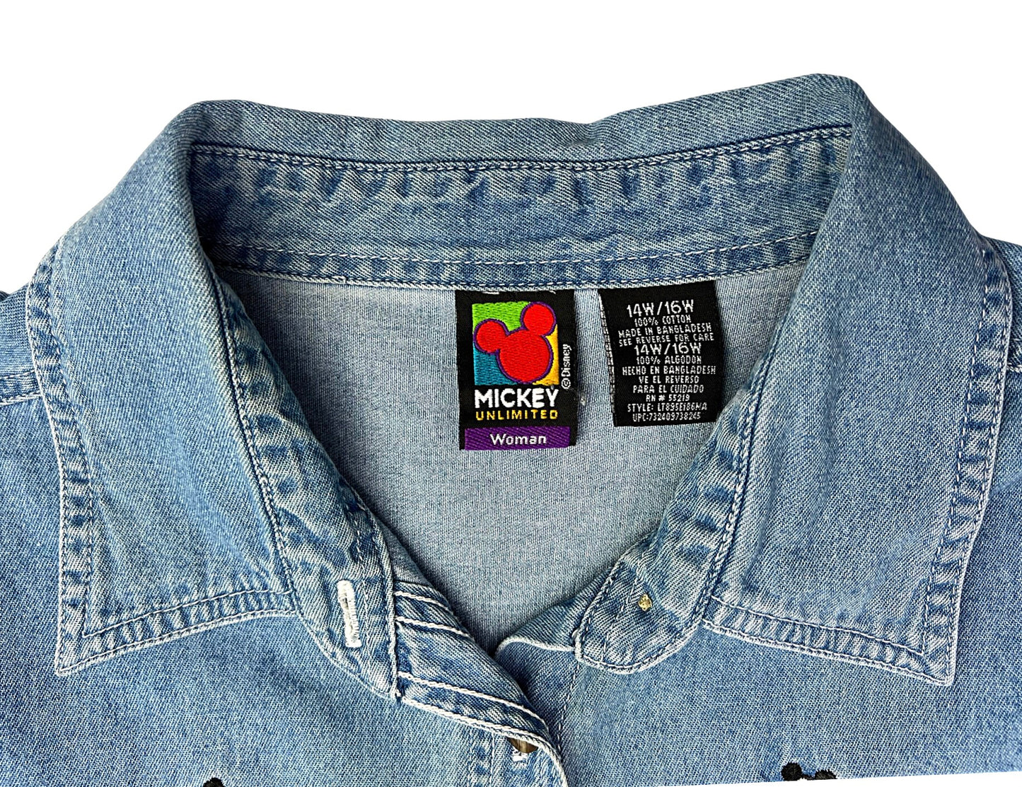 90’s Mickey + Minnie Mouse Pluto Disney Embroidered Denim Buttonup Size 14/16