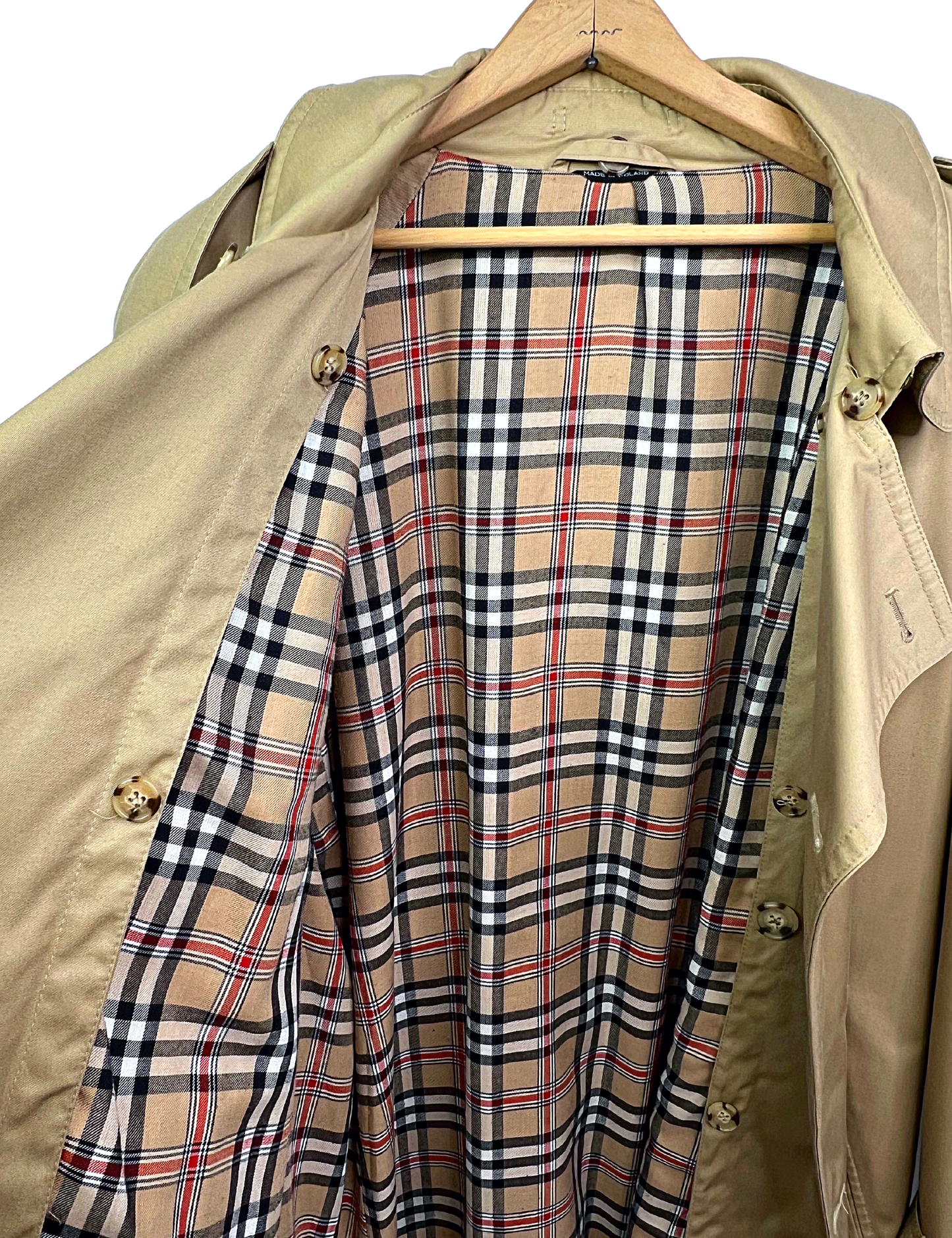 60’s Burberry Inspired Plaid Lined Belted Khaki Trench Coat Size 44