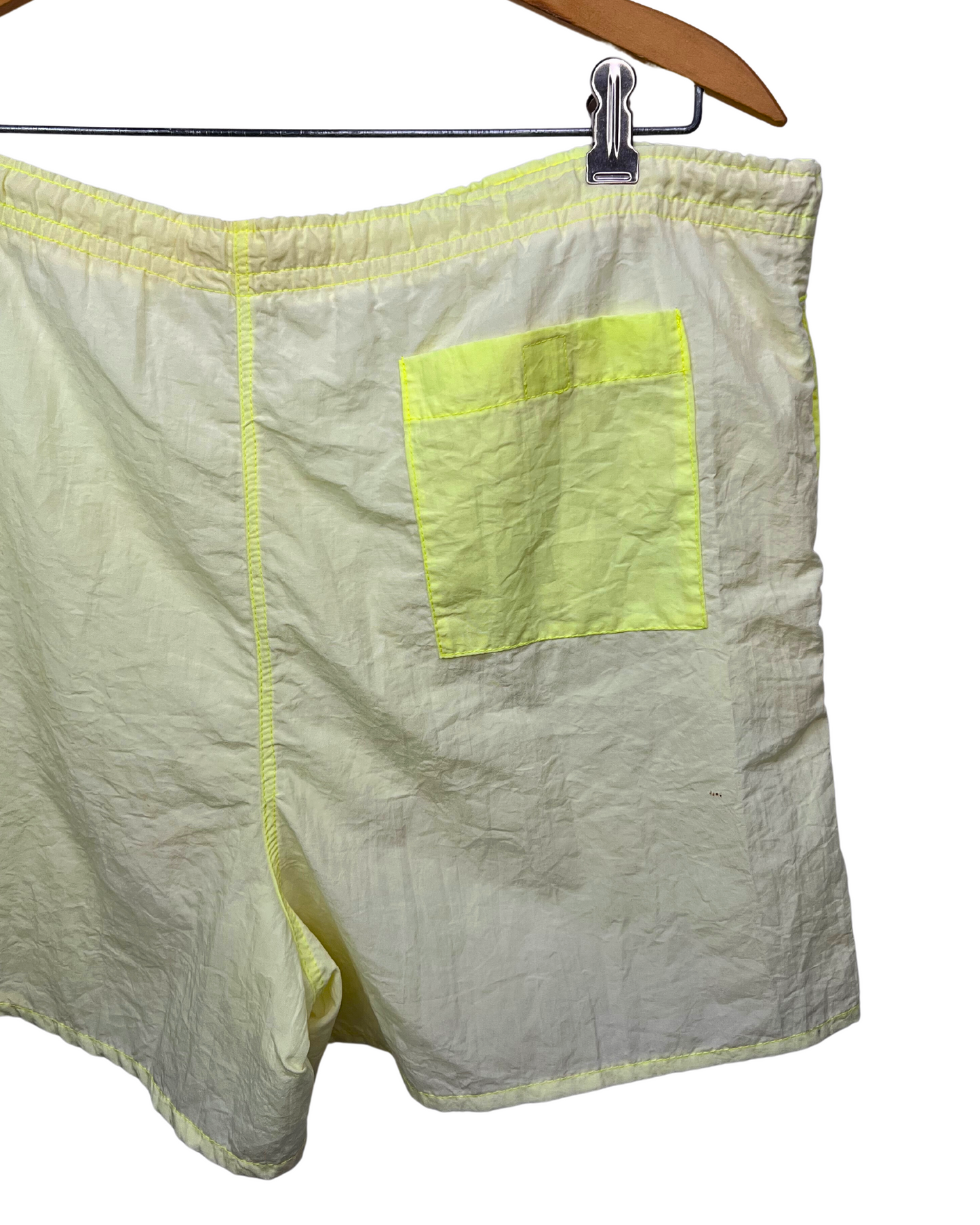 80's Neon HIGHLIGHTER Fluorescent YELLOW Drawstring 4” Swim Trunks Size X-Large