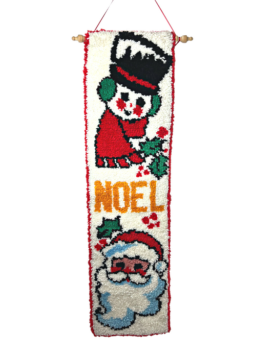70’s Latchhook Christmas Noel Santa Snowman Tufted Shag Hanging 47” x 13”