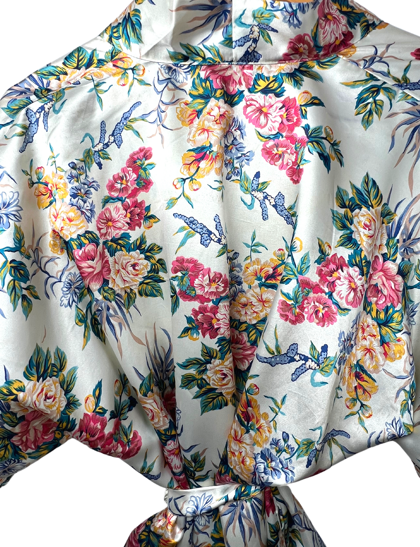 90’s White Pink Floral Silky Short Kimono Robe