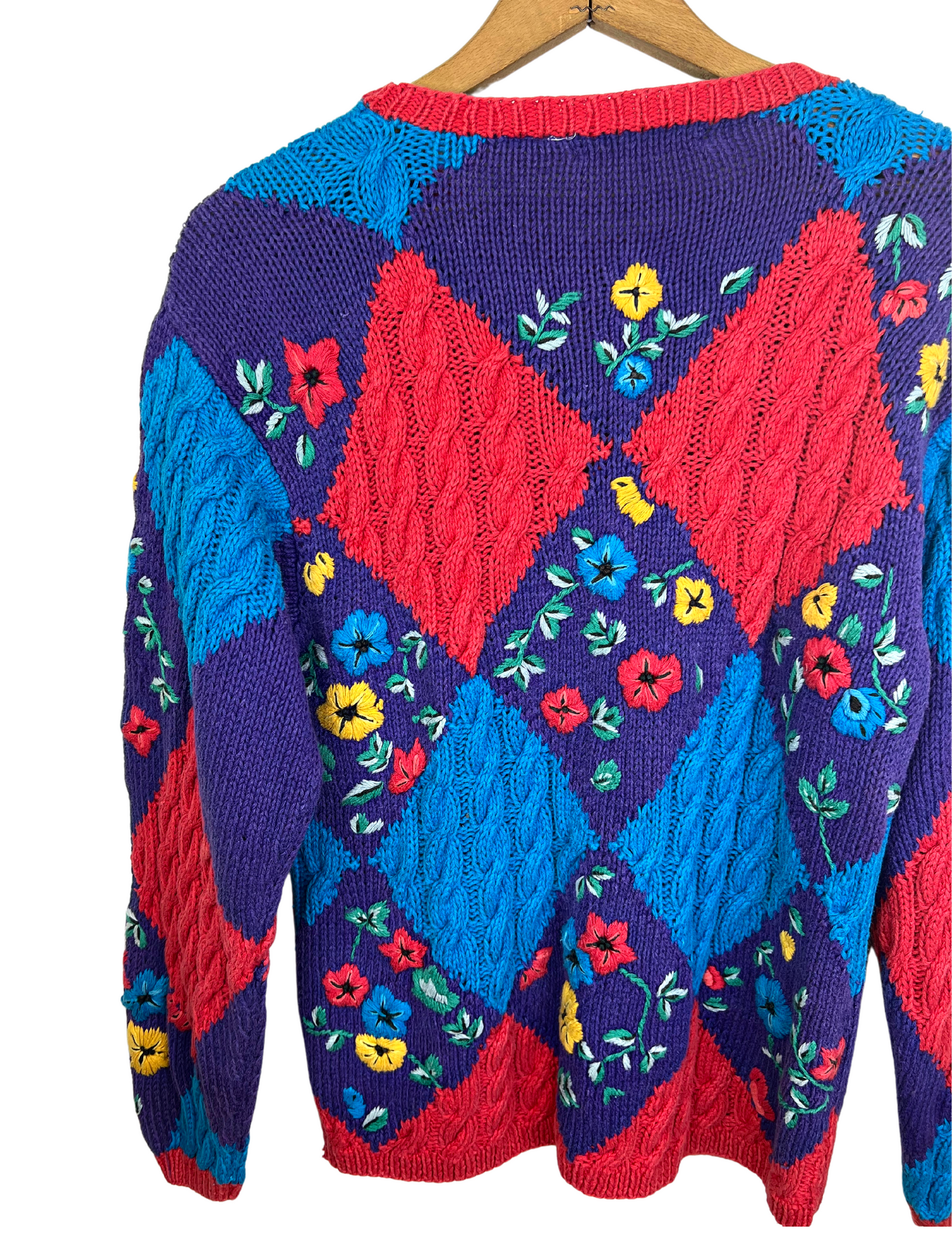 90’s Chunky Diamond Colorful Floral Cable Knit Sweater