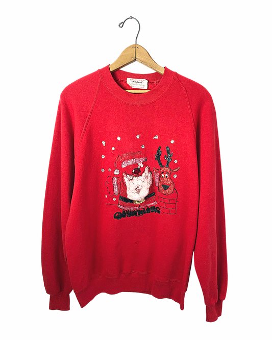 Vintage 60’s Rhinestone Ruby Wacky Santa and Reindeer Ugly Christmas Sweatshirt Size X-Large