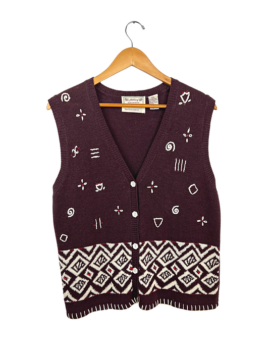 90’s Hand-Embroidered Abstract Button Front Sweater Vest