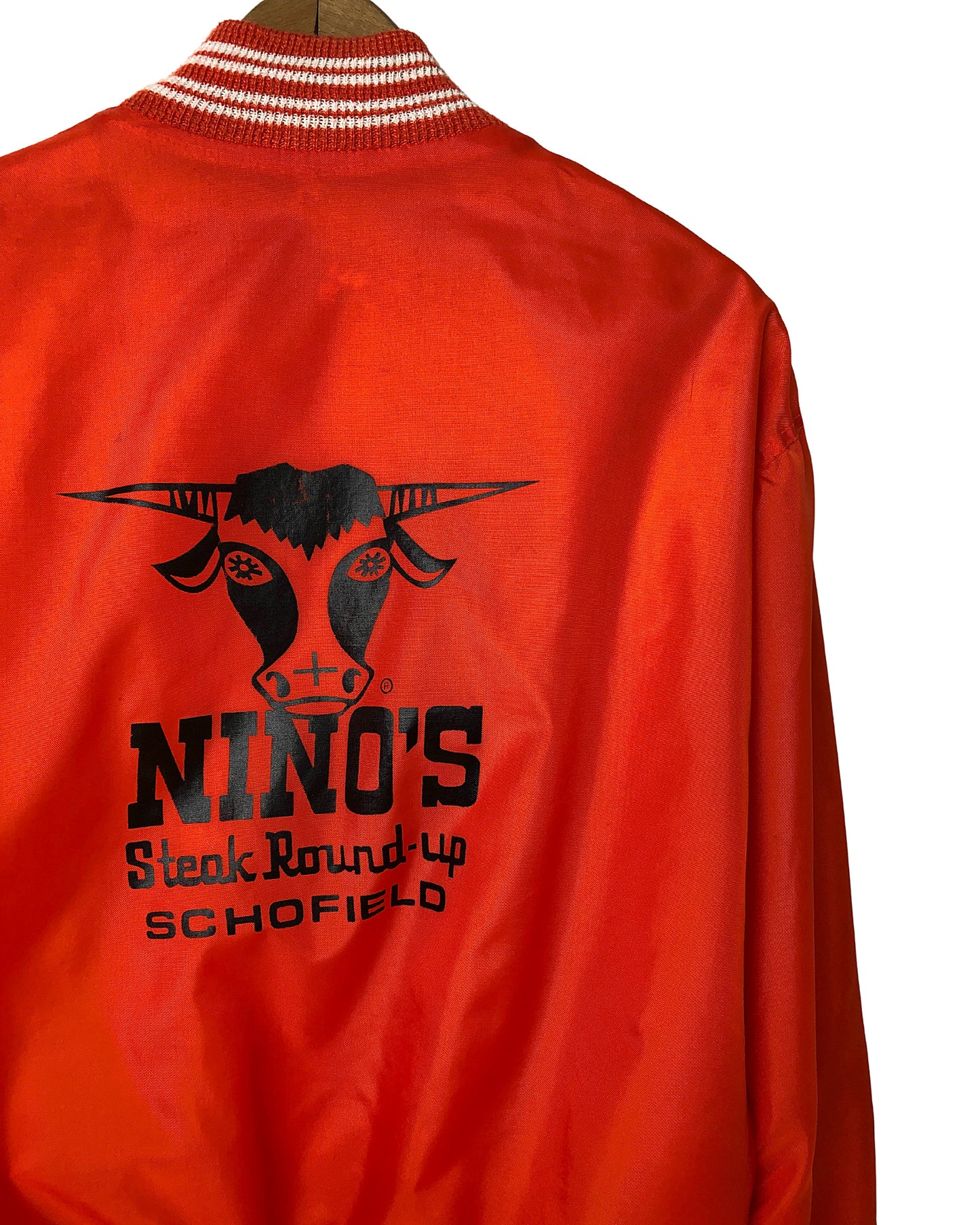 Vintage 70’s Nino’s Steak Roundup Schofield, Wisconsin Retro Orange Bomber Jacket