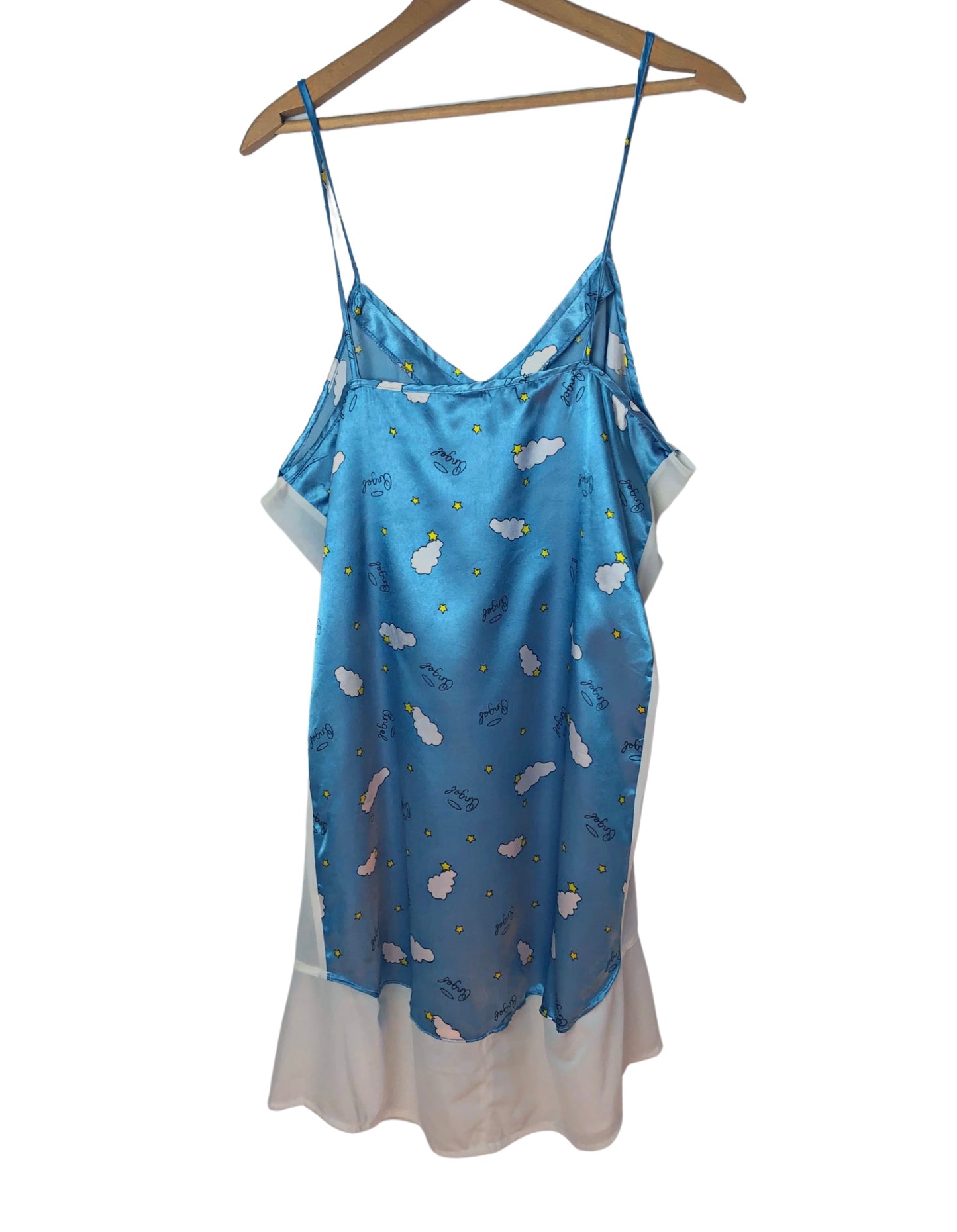 00’s Y2K Angel Cloud Sky Print Silky Sheer Dreamy Nightgown Slip Size L/XL