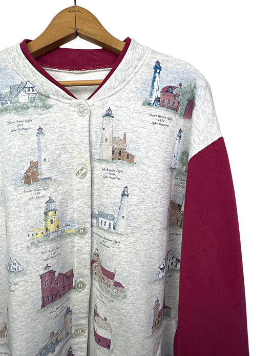 90’s Lighthouses of the Great Lakes All Over Print Lake Michigan, Lake Huron, Lake Superior Buttonup Sweatshirt Size XL