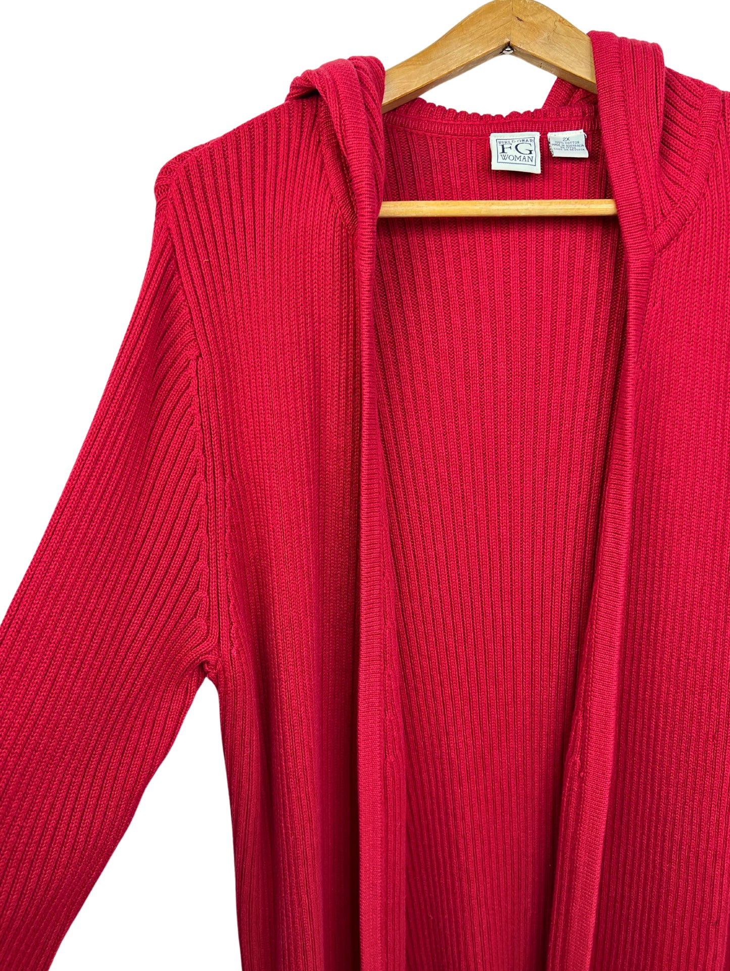 90’s Red Chunky Knit Hooded Open Front Cardigan Sweater Size 2X