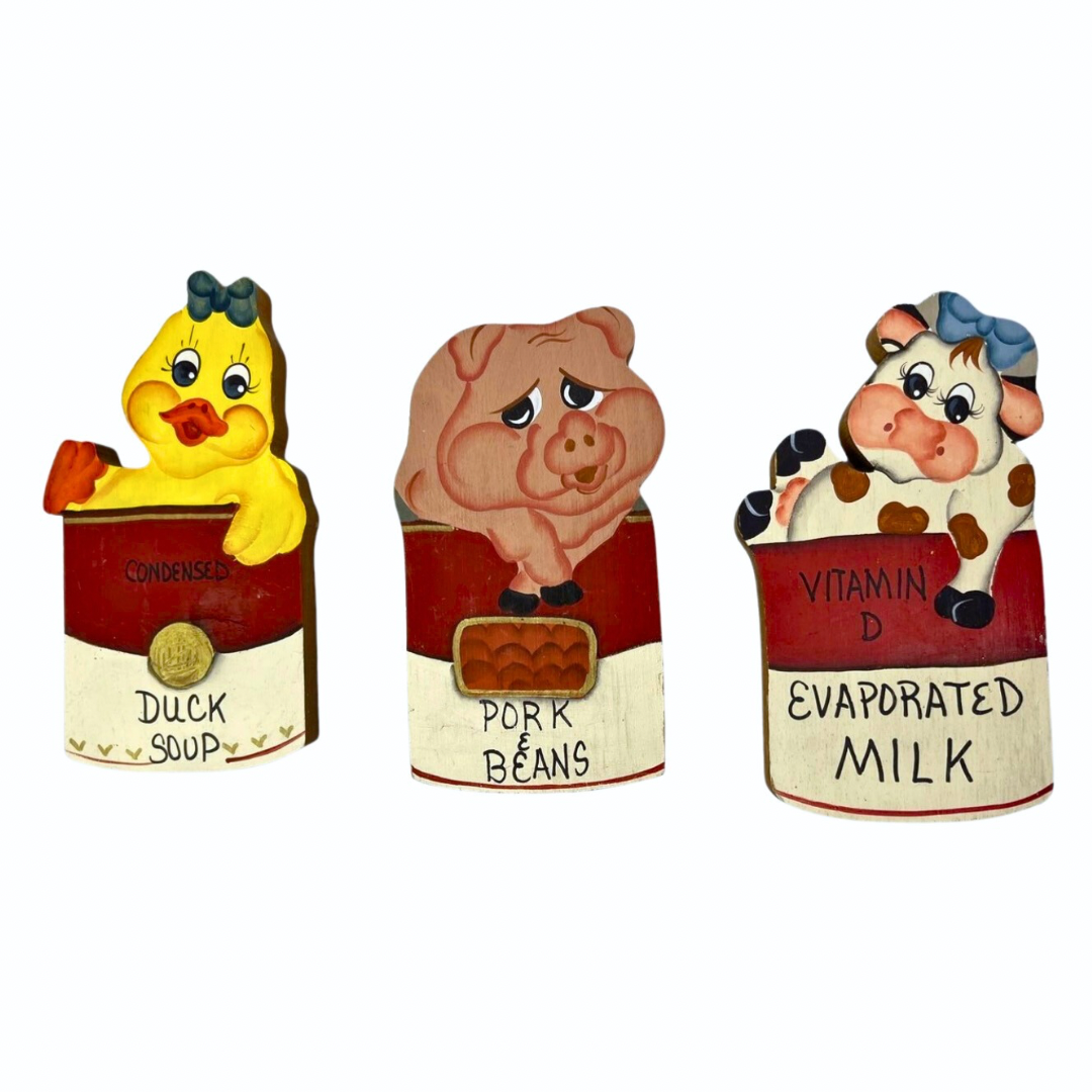 Set of 3 Soup Cans Funny Pork & Beans - Duck Soup Condensed Milk -Hand-Painted Farm Folk Art