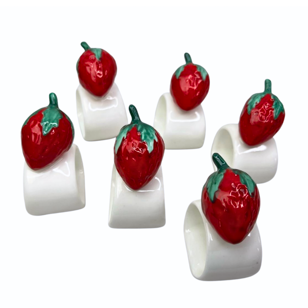 Vintage Set of 6 Strawberry Fruit Fine Bone China Napkin Rings