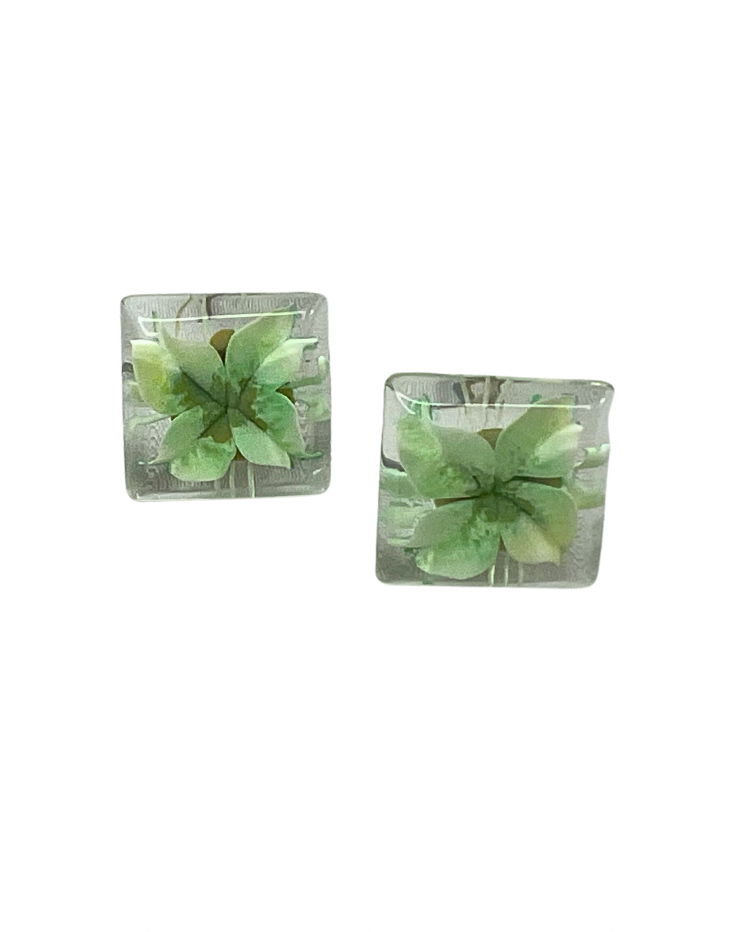 60’s Green Resin Pressed Flower Square Earrings