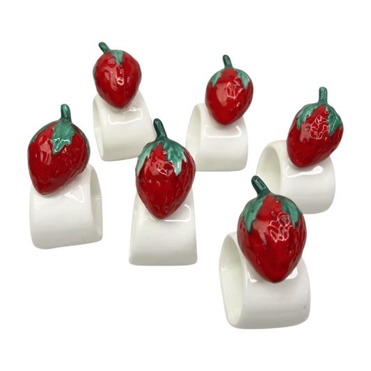 Vintage Set of 6 Strawberry Fruit Fine Bone China Napkin Rings