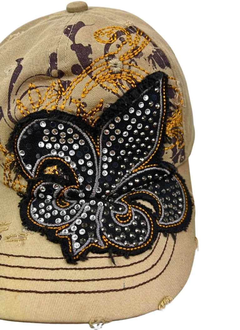 00’s Y2K Bling it Up Fleur de lis Rhinestone Cadet Cap