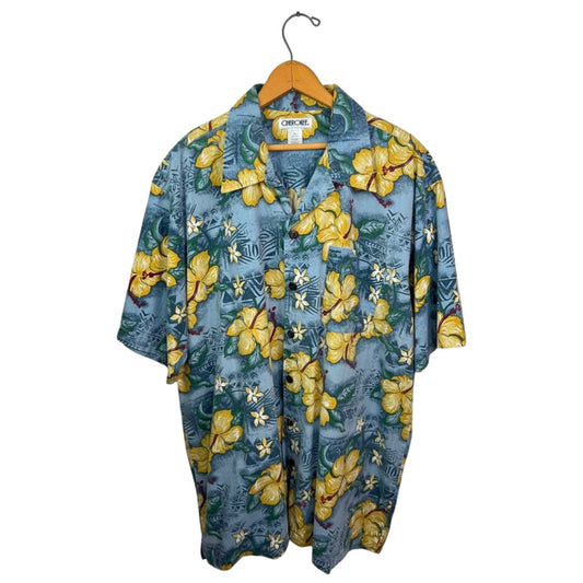 90’s Blue Hawaiian Hibiscus Print Short Sleeve Buttondown Size XL