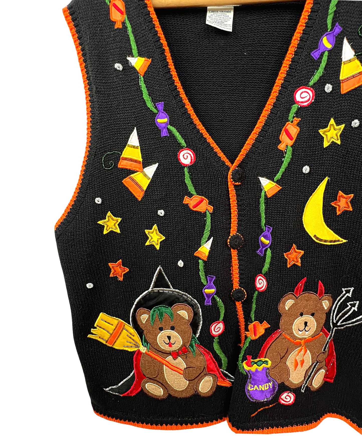 90’s Halloween Bear Devil + Witch Beaded Chunky Sweater Vest Size Large