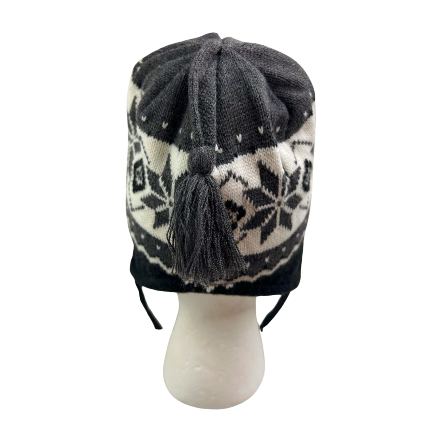 90’s Gray Fair Isle Snowflake Nordic Tassel Earflap Hat