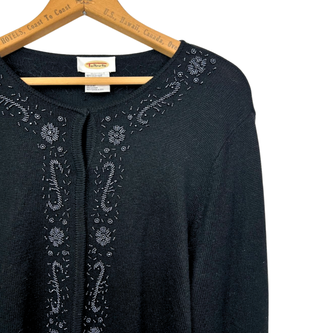 90s Embellished Black Cashmere Silk TALBOTS Cardigan Sweater Size Medium