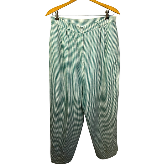 90’s Sage Green & White Houndstooth Pleated Menswear Style Trousers