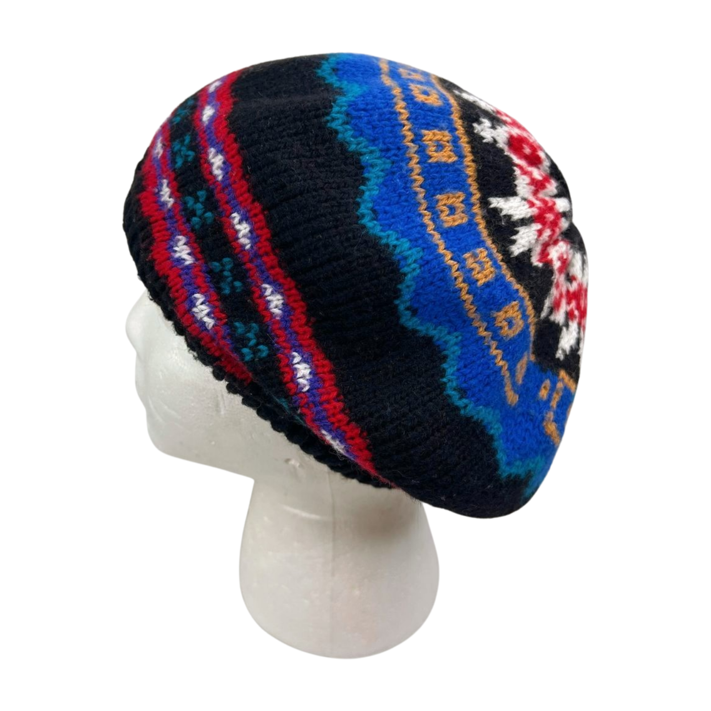 90’s Fair Isle/Black Reversible Slouchy Beret Beanie