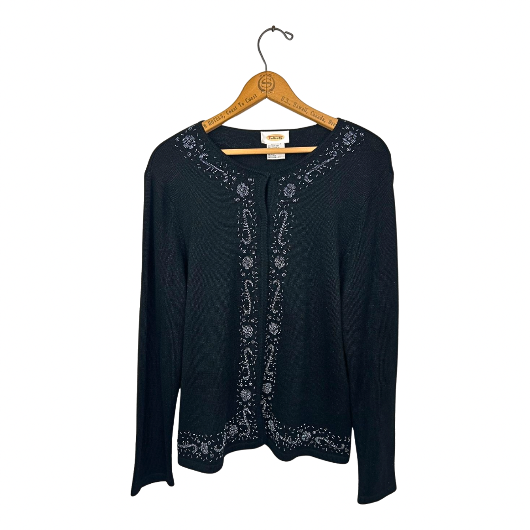 90s Embellished Black Cashmere Silk TALBOTS Cardigan Sweater Size Medium