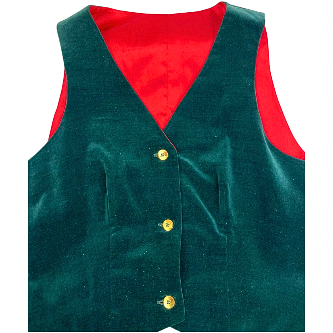 Vintage Green Velvet Red Satin Lined Holiday Vest
