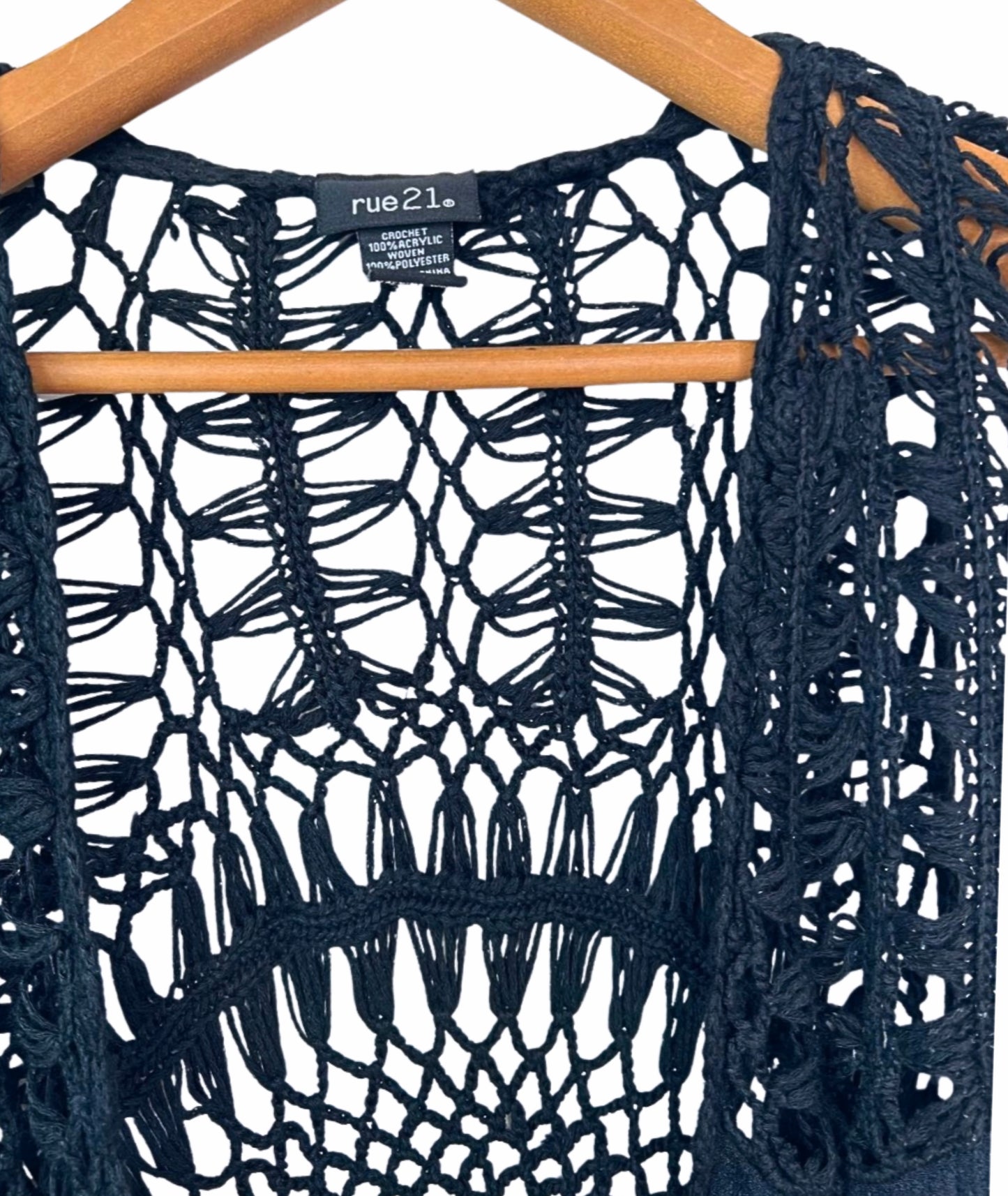 00’s Y2K Black Crochet Fringe Open Front Festival Vest