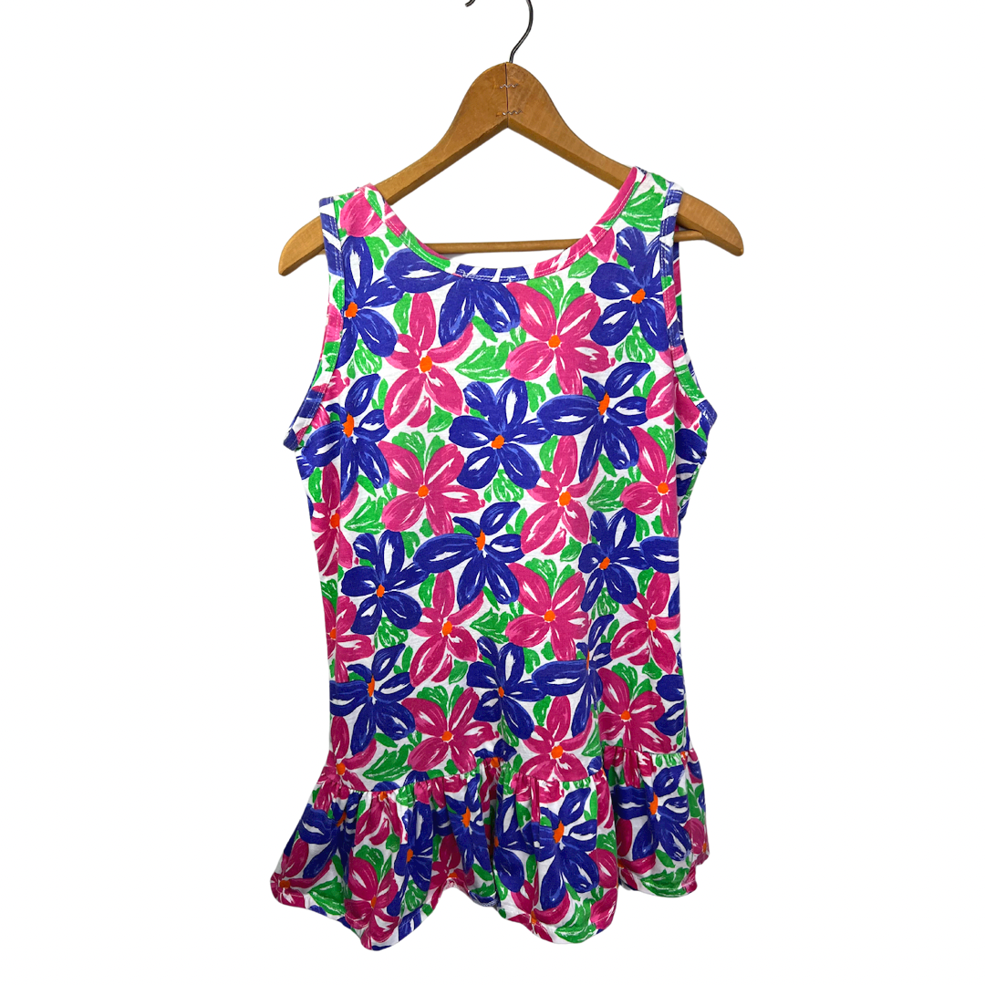 80’s Colorful Floral Drop Waist Ruffle Romper Mini Dress