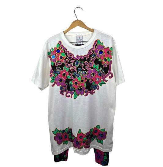 1991 2 pc Neon Floral Gemmed Out Oversized Tshirt + Leggings Set Size M