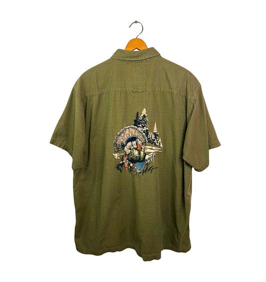 90’s Embroidered Turkey Thanksgiving “Guide Series” Short Sleeve Camp Shirt Size XL