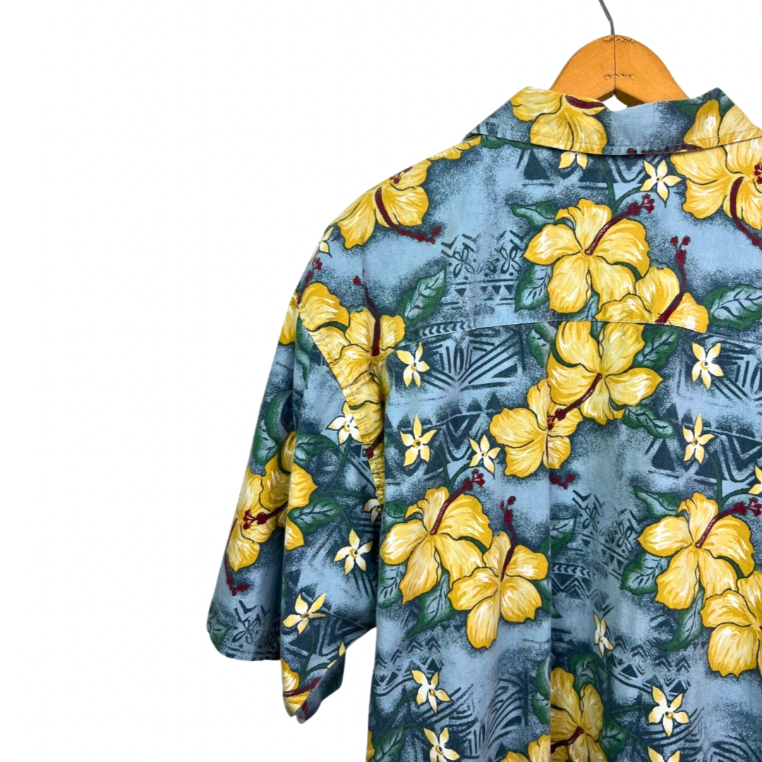 90’s Blue Hawaiian Hibiscus Print Short Sleeve Buttondown Size XL