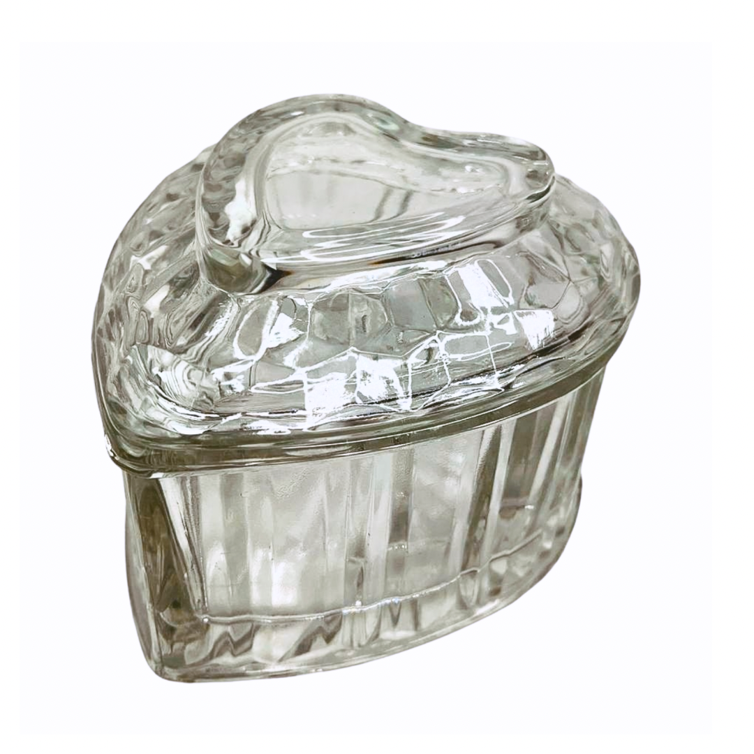 80’s Crystal Heart Shaped Glass Lidded Trinket Jewelry Box 4” x 6”