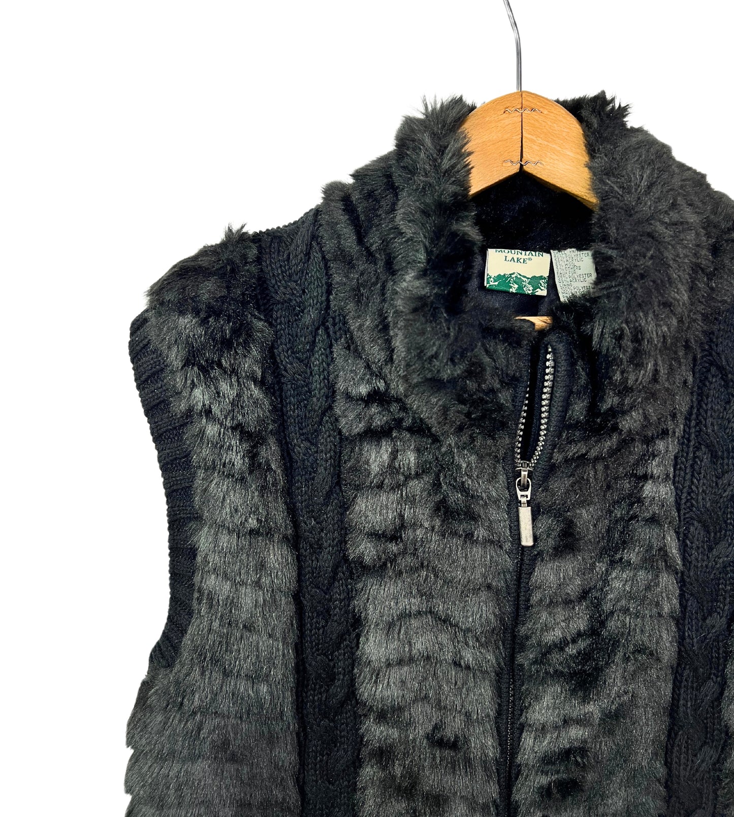 90's Black Faux Fur Cable Knit Sweater Vest