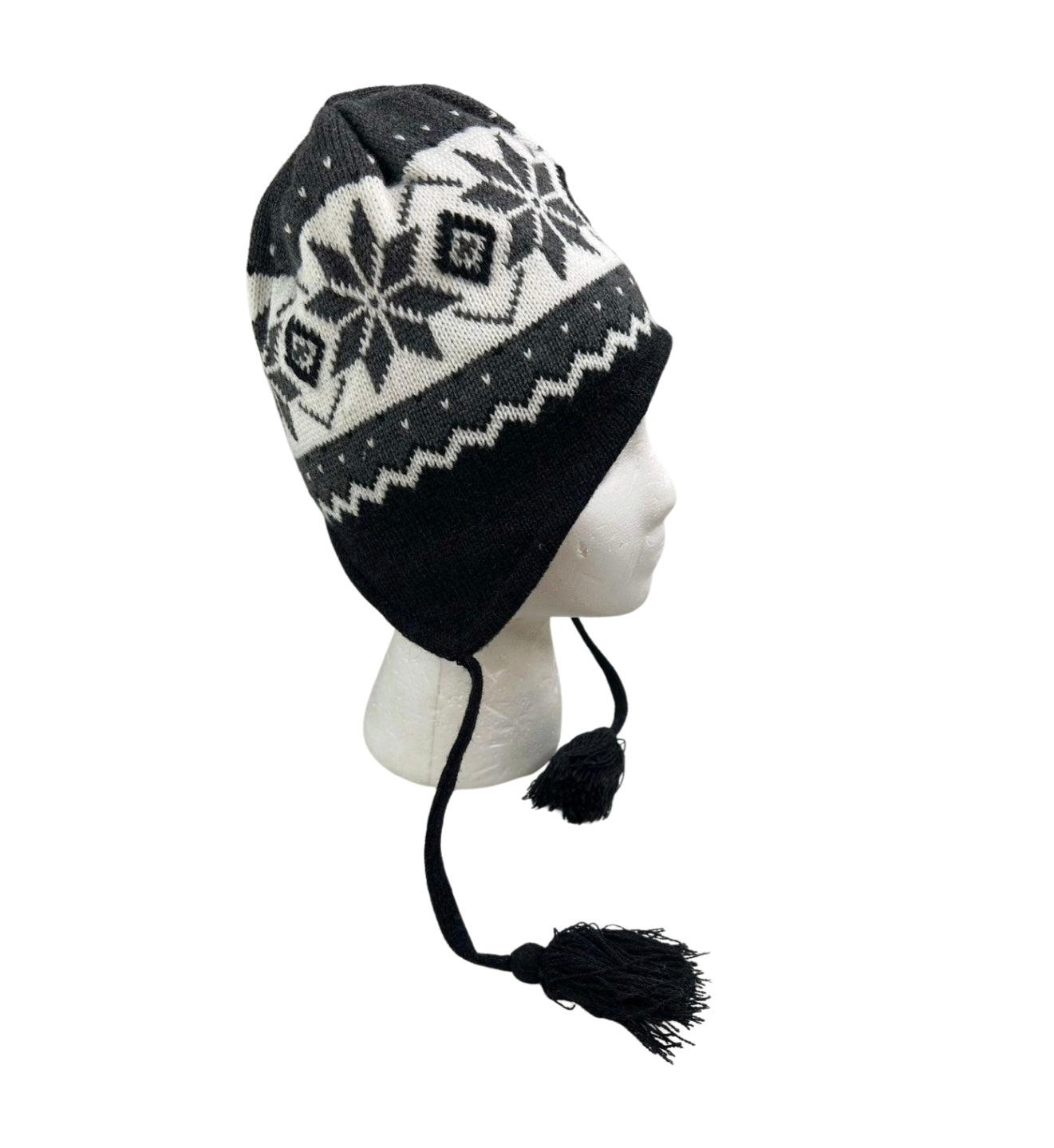 90’s Gray Fair Isle Snowflake Nordic Tassel Earflap Hat