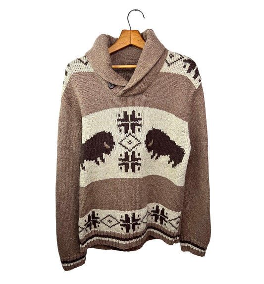 Vintage Buffalo Fair Isle Shawl Collar Cowichian Sweater Size S/M