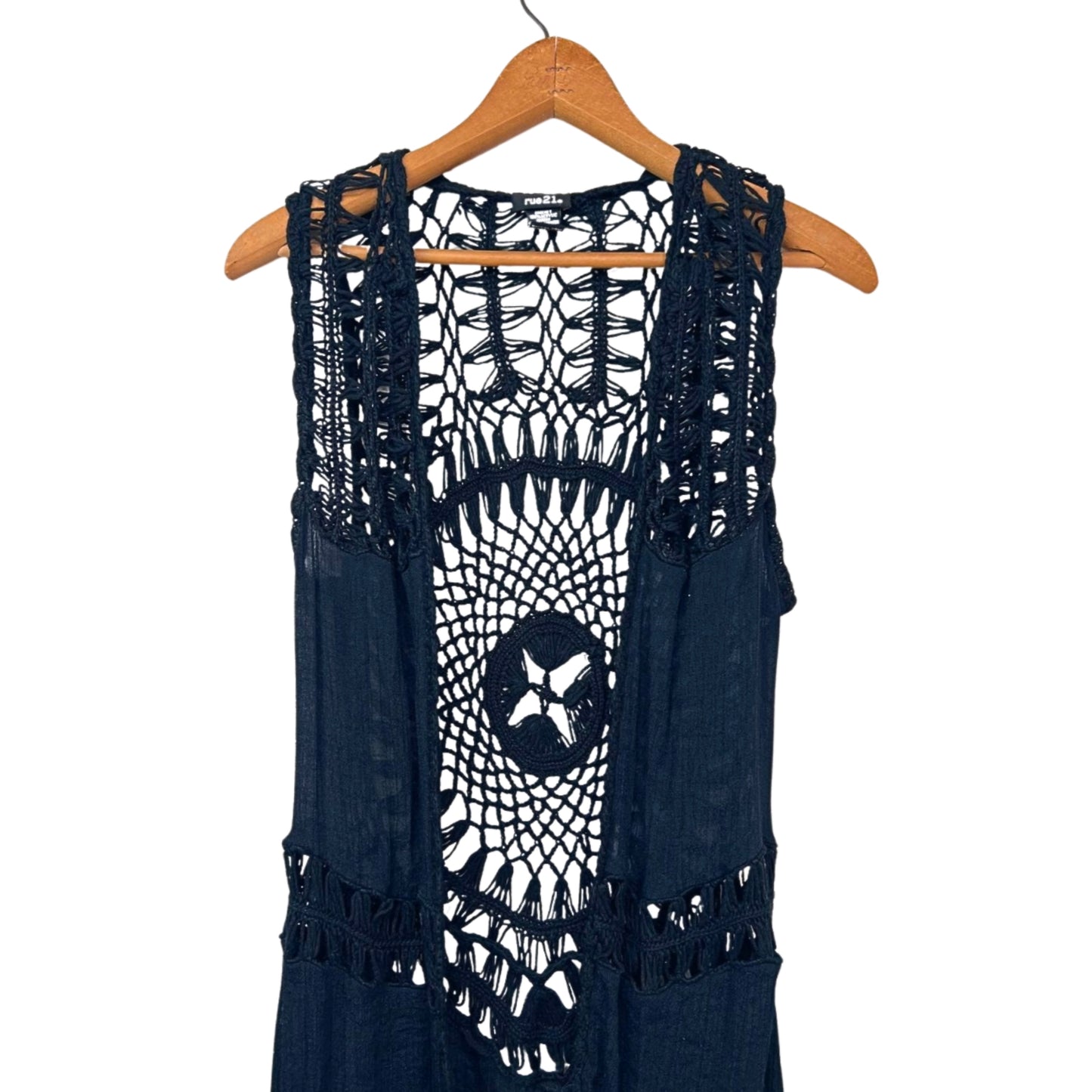 00’s Y2K Black Crochet Fringe Open Front Festival Vest